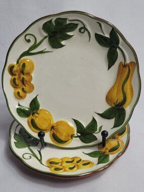 TWO Stangl Sculptured Fruit Bread Plates Green & Yellow Fruit Border